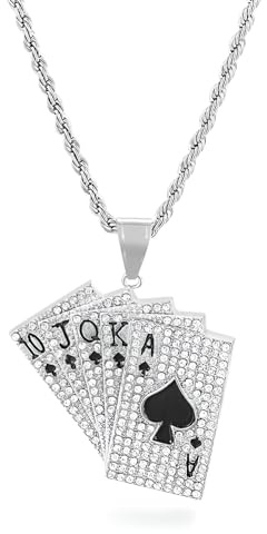 925 Sterling Silver Ace Of Spades Necklace For Men And Women, Square Heart Rhinestone Capital Letter Card Poker Pendant Necklace, Playing