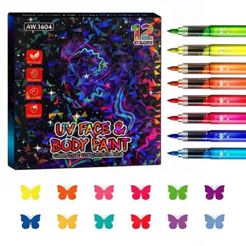 12 Pintacaras Infantil Fluorescente Neón UV, Pintura de Cara para Niños y Adultos, Ceras de Colores para Maquillaje Corporal y Facial, Ideal para Halloween, Carnaval y Fiestas de Disfraces