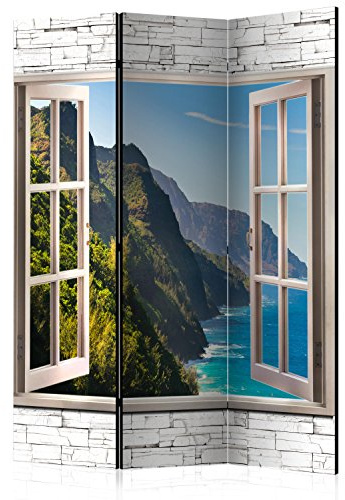 RAUMTEILER/PARAVENT B&D XXL Raumteiler Fensterblick Fenster Landschaft Foto Paravent 135x172 cm beidseitig auf Vlies-Leinwand Bedruckt Trennwand Spanische Wand Sichtschutz Raumtrenner beige blau