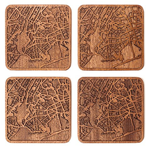 New York Untersetzer mit Landkarte aus Sapeli-Holz, 4 Stück, mit Stadtkarte, mehrere Stadt optional, handgefertigt