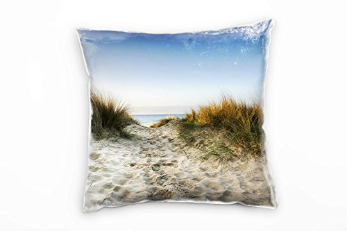 Paul Sinus Art Strand und Meer, beige, blau, grün, Sanddünen, Gras Deko Kissen 40x40cm für Couch Sofa Lounge Zierkissen - Dekoration zum Wohlfühlen