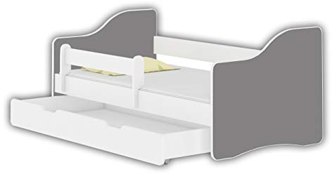 ACMA Jugendbett 160x80 Kinderbett mit Einer Schublade mit Rausfallschutz und Matratze, Weiß Happy, Farbe Grau, mit Lattenrost, stabil, Kinderzimmer Bett, Jugendmöbel