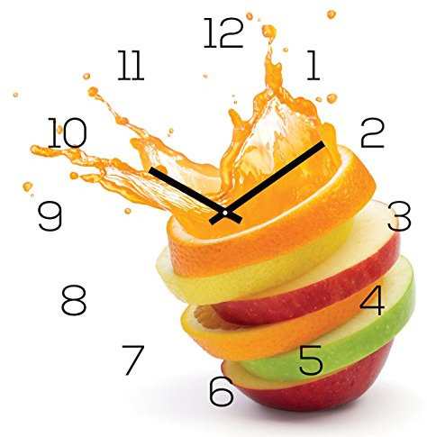 levandeo Wanduhr Alu-Dibond 30x30cm Uhr Alubild Orange Apfel Wasser Frucht Wanddeko Aluminium Verbundplatte Küchenuhr