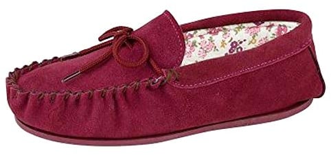 Ladies Real Suede Leather Moccasin with Hardwearing Sole (4 UK, Crimson Red)
