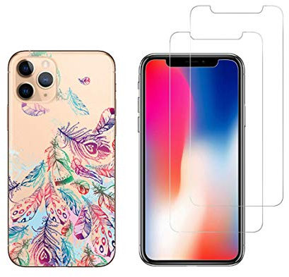 NOVAGO Compatible avec iPhone 11 Pro (5.8'')- Pack Complet Coque Gel Solide Anti Choc + 2 Films Protection écran en Verre trempé résistant (Coque+2 Films, Plumes)