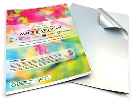 Evergreen Goods 10 Blätter A4 Wasserdicht Matt Silber Vinyl Aufkleberpapier | Inkjet und Laser bedruckbar Fotopapier | Starke klebrige Rückseite Selbstklebende Etiketten Druck Papier