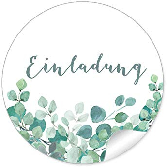 24 STICKER Einladung Etiketten als Siegel EUKALYPTUS ZWEIGE GRÜN MINT WEIß für Briefumschläge Anhänger oder Postkarten zur Hochzeit Geburtstag Taufe, 4 cm, rund, matt