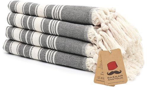Juego de 4 toallas de mano turcas peshtemal de rayas 100% algodón 45 x 20 ligeras delgadas de secado rápido para baño gimnasio cara té cocina cocina juego de toallas decorativas de baño (negro)
