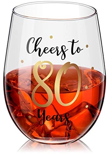 Birthday Stemless Wine Glass, Gold Birthday Wine Glass Present for Men Women Birthday Party Wedding Anniversary Party Decorations, 17 oz Stemless (Cheers to 80 Years)
