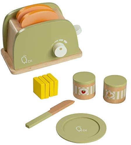 Teamson Kids Wooden Toaster Toy Play Kitchen Accessories 11 pcs Green TK-W00006