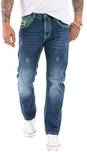Rock Creek Herren Jeans Hose Comfort Fit Dicke Nähte Jeans Herrenjeans Herrenhose Denim Stonewashed Basic Weites Bein Raw RC-2271 Blau W38 L36