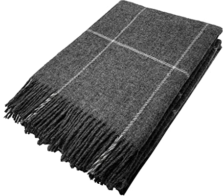 Alpenwolle Wolldecke 140x200cm Neuseeland 100% Wolle aus Neuseeland, Überwurf Plaid mit Fransen (Grau dunkel)