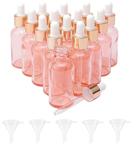 Rowiz Lot de 15 flacons compte-gouttes en verre or rose de 30 ml pour parfum, aromathérapie, cosmétiques, échantillons, mini flacons compte-gouttes vides avec bouchon en métal or rose