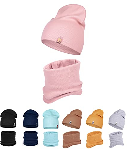 HEYO Kinder Beanie Mütze Schlauchschal Set für Mädchen Jungen Frühling Strickmütze Schal (Rosa)