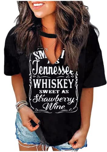 Damen Sommer Tshirt V Ausschnitt Aushöhlen Sexy Oberteil Damen Kurzarm T-Shirt Keyhole Neck Country Bluse Top(XXL,Schwarz)