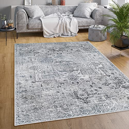 Paco Home Waschbarer Teppich Wohnzimmer Schlafzimmer Vintage Muster Flachgewebe Modern Orientalisch Ornament Pastell, Grösse:120x160 cm, Farbe:Grau 3