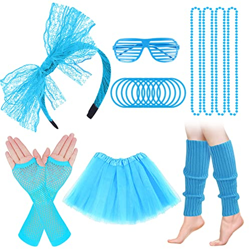 ONUPGO 80s Costume Accessories for Women, Tutu Skirt Headband Earring Leg Warmers 1980s Fancy Dress Accessories (Neon Blue)