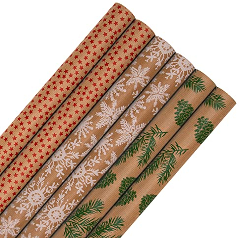 Hallmark Geschenkpapier Weihnachten 6 Stück Braun Kraftpapier Geschenkpapier je 3M 3 Festliche Motive Sterne Schneeflocken Bäume