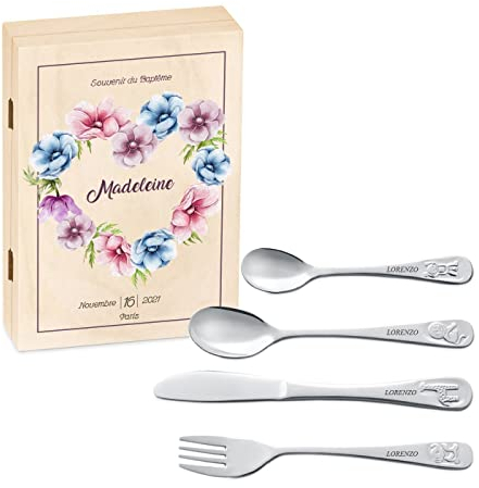 Maverton Set de couverts de table personnalisé dans boîte en bois imprimée - couvert bebe - Thème Animal - Cadeau bapteme fille - Pour filles - Cadeau bébé - Coutellerie gravée - petit ange - coeur