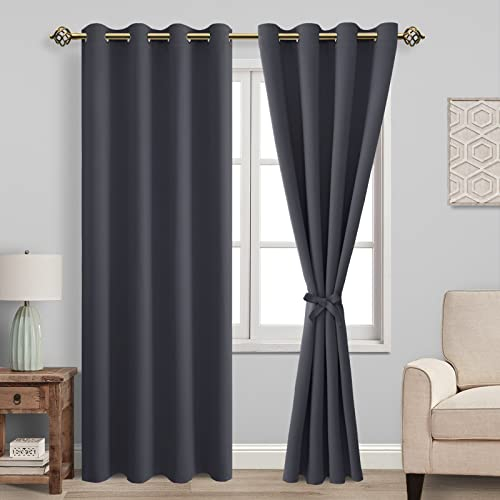 JIUZHEN Vorhang Blickdicht mit Raffhalter Verdunkelungsvorhänge Thermogardine Ösen Gardinen Ösenvorhang für Schlafzimmer Wohnzimmer, Dunkelgrau, 2 Stück, 183x117cm(HxB)