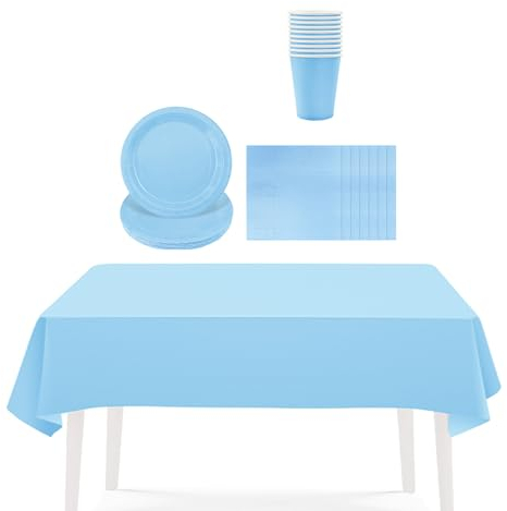 Solid Color Baby Blue Tableware Set Decor,20 Paper Napkins 16 Cups Plates in Blue,1P Large Plastic Tablecloth Disposable Birthday Decorations for Him,Her, Men,Women,Adults Party,Kids Party