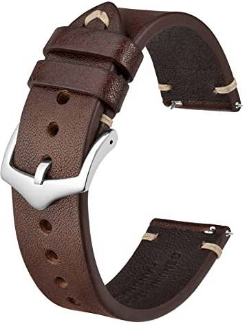 BISONSTRAP Uhrenarmband für Herren, Handgefertigte Stiche Leder Armband, Schnellverschluss, 19mm, Kaffeebraun mit Silberner Schnalle