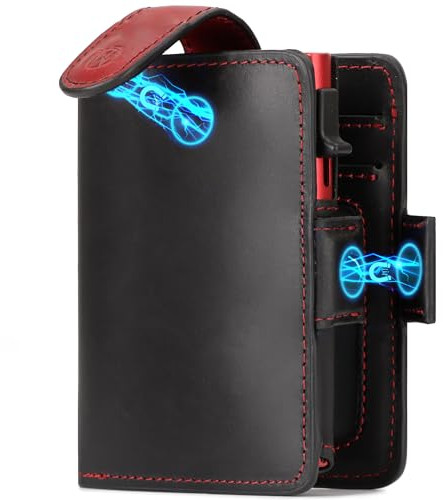 WillFire® MagFlap | Geldbörse Herren | Extra Schlüsselanhänger | Leder Kartenetui für 10-12 Karten | RFID geschützt | Einzigartiger Magnetverschluss | Inkl. Geschenkverpackung [Black/red Glattleder]