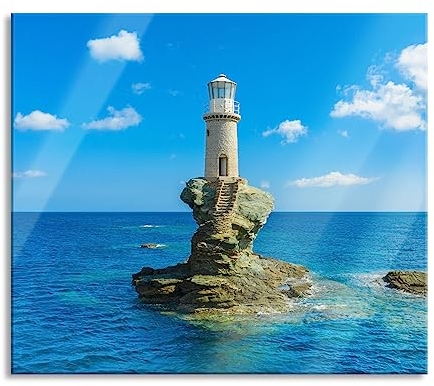 Leuchtturm auf kleiner Insel im Meer Herdabdeckplatte & Spritzschutz aus Echtglas | Für Herd-Kochfelder | 60x52 cm