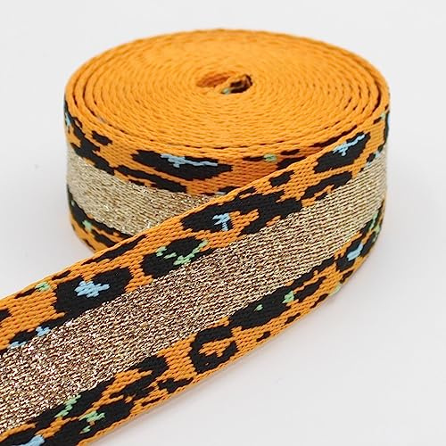 Leduc 5 Meter Gurtband mit Leopardenmuster und glänzendem Pailletten-Mittelstreifen aus Polyester und Baumwolle, 36 mm, 2-Orange
