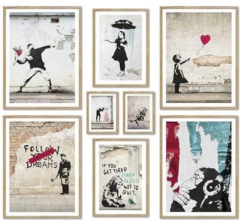 ARTFAVES® Poster Set - BANKSY STREET ART - mehrteilige Wanddeko Wohnzimmer - 8 moderne Wandbilder Collage, Girl Balloon, Flower Thrower, Umbrella - mit Rahmen Eiche