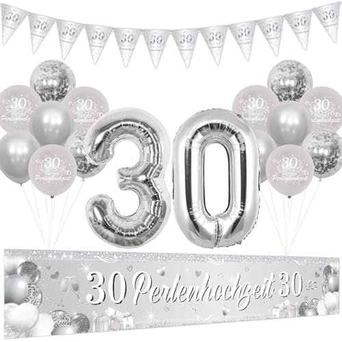 Cheereveal Perlenhochzeit Dekoration, 30 Perlenhochzeit Hofbanner, Silber Nummer 30 Folienballons, Wimpel Flagge, Alles Gute zum 30. Hochzeitstag, Perlenhochzeit Partybedarf Deko für Paar