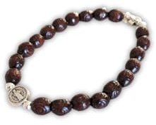 OVUNQUE PROTEGGIMI Armband mit Medaille des Heiligen Benedikt von Norcia aus braunem Holz, elastisches Rosenkranz-Armband, religiöses Geschenk für Männer und Frauen, Made in Italy