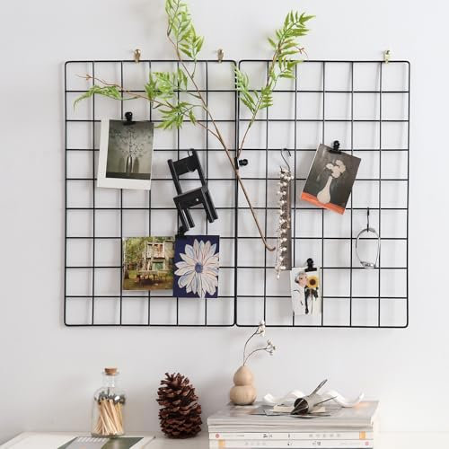PEAUARL Panel de rejilla de pared de malla metálica para exhibición de fotos, tablero de mensajes, tamaño: 17.5 x 11.8 pulgadas, paquete de 2 (negro)