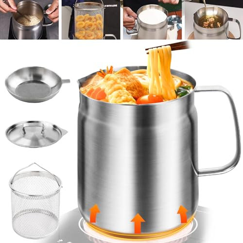 Bakpoco Olla de filtro de aceite de acero inoxidable de 2 L, recipiente de grasa de tocino con colador y cesta para freidora, aceite de cocina de cocina, protector de grasa de manteca de cerdo, olla