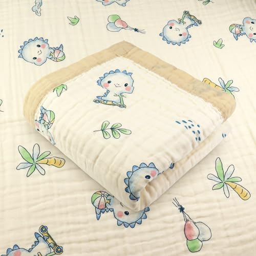 Hivia Musselin Decke 6 Lagig Baumwolldecke 110 * 105CM Musselin Decke Baby,Kuscheldecke Beige Kuscheldecke Baumwolle Baby Erstausstattung Neugeborene(Niedlicher Dinosaurier)