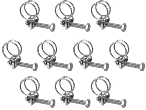 sourcing map 10Pcs Double Wire Hose Clamp, 16-19mm Adjustable Stainless Steel Wire Hose Clips with M6 Bolt for Dust Collection Hose, Pump Hose Pipe