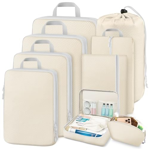 MUUKAIII Koffer Organizer Set 9 Teilige,Platzsparendes Packing Cubes Compression,Ultraleichte Packwürfel mit Kompression,Wasserfester Travel Organizer Packtaschen für Koffer,Rucksack und Gepäck,Beige