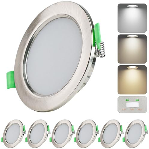 Qingmiao 5W LED Einbaustrahler 230V Ultra Flach LED Spots Dimmbar Deckenspots 450LM, Warmweiß Neutralweiß Kaltweiß Einbauleuchten, IP44 Deckenstrahler für Badezimmer Wohnzimmer,Silber, 6er Set