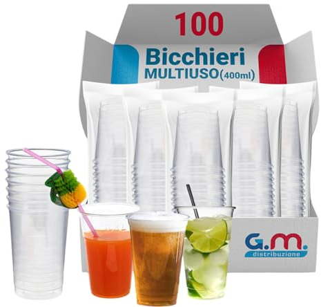 G.M. DISTRIBUZIONE 100 Bicchieri Birra da 400 ml in Polipropilene Trasparente, Bicchieri Usa e Getta per Cocktail, Bevande, Granite, Frappe, Bicchieri Multiuso Monouso per Bar e Lounge Bar