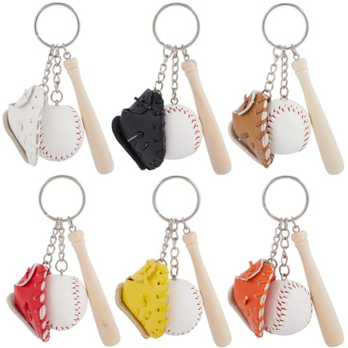 SOFPLATE 6 Stück Baseballschläger Schlüsselanhänger In 6 Farben Großpackung Mini Baseball Schlüsselanhänger Holzschläger Baseballhandschuhe Schlüsselanhänger PU Leder Sport Schlüsselanhänger Für Party