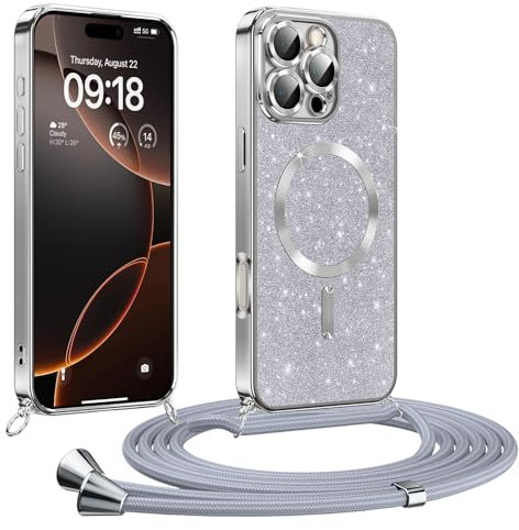 Phoona handyband Hülle für iPhone 16 Pro Max mit Band, Glitzer Handyhülle Kompatibel mit MagSafe, Ganzkörperschutz Kratzfeste Stossfest Schutzhülle mit Einstellbar Kette, Silber