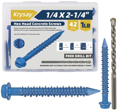 Krysay 42Pcs 1/4 x 2-1/4 in Concrete Screws with Drill bits,Masonry Screws for Concrete Assortment Kit,Hex Head Block Cement Stacoo Screws and Anchors,Diamond Point,Blue Coated(1LB)