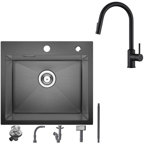 CECIPA 50x45 cm Fregadero Negro Inox con Grifo Extraible Negro
