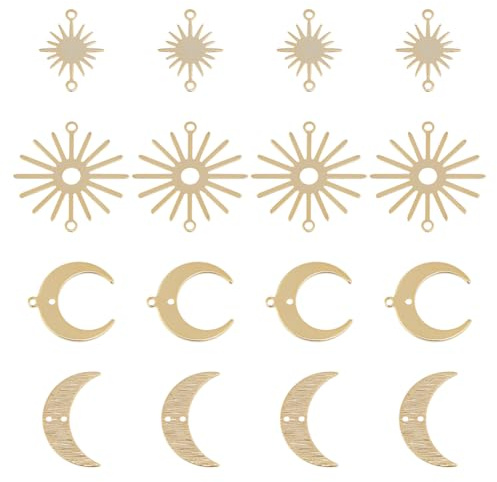 DICOSMETIC 24 Stück 4 Stile Kleine Mond Sonne Verbinde Charme 24K Vergoldet Sonnen Charme Messing Verbinder Charms Für Ohrring Armband Halskette Herstellung, Bohrung: 1.2-1.8mm