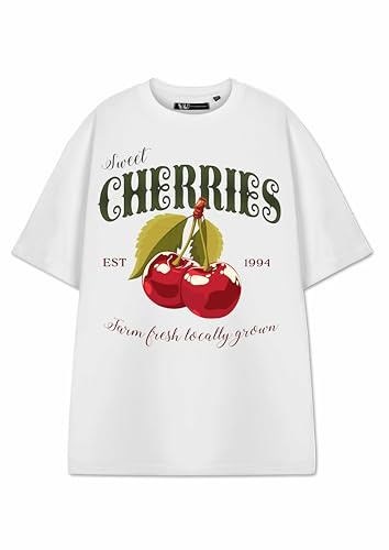 Show Me The Merch Cherry Women's White Short-Sleeved T-Shirt | Graphic Tee with Cherry Design | Trendy Fruit Print Top | Summer Fashion Apparel for Women