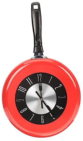 HOLIDYOYO Frying Pan Wall Decor Creative Wall Hanging Clock Trendy Decor Wall Clock Decor Office Clock Mute Hanging Clock European Retro Clock Novelty Wall Clock 3d Clock Stainless Steel Red