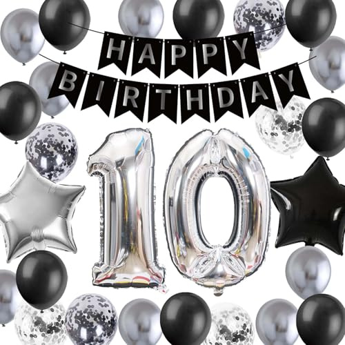 10. Geburtstag Dekoration Junge Silber Schwarz, Zahl 10 Folienballons | 10. Geburtstags Banner Silber Schwarz Konfetti Stern Ballons für 10 Jahre Ihn Sohn Party Geburtstagdeko