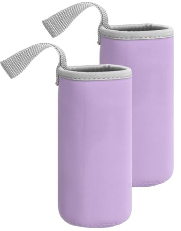 sourcing map 2pcs Neoprene Water Bottle Sleeve, 12 oz Insulated Water Glass Bottles Carrier Bag Collapsible Drink Bottle Sleeve Cover Holder with Handle, Light Purple