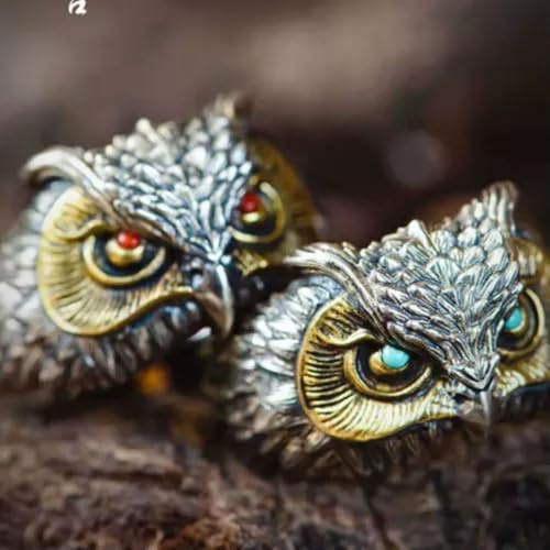 Retro 925 Silber Eule Mehrfarbige Augen Ringe Frauen Party Schmuck Tier Ringe-#7-Verstellbar