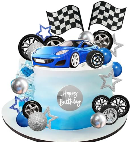 Renn Auto Tortendeko,28 Stück Blau Auto Kuchen Deko,Rennwagen Geburtstagstorte Deko Karierter Flagge Kuchendeko Geburtstag Junge, Cake Topper für Kindergeburtstag, Rennauto Theme Party